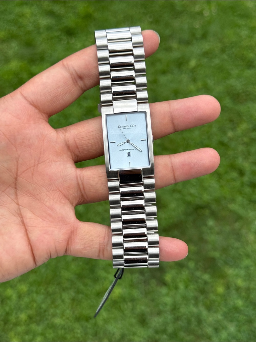 Kenneth Cole Silver-Tone sky blue dial Rectangular Bracelet Watch 90s Mens